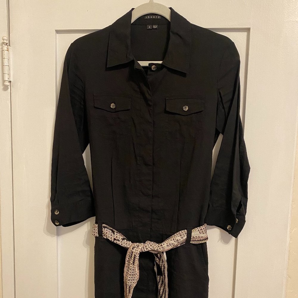 Theory | Black Linen Blend Button Down Dress with 3/4" Sleeves